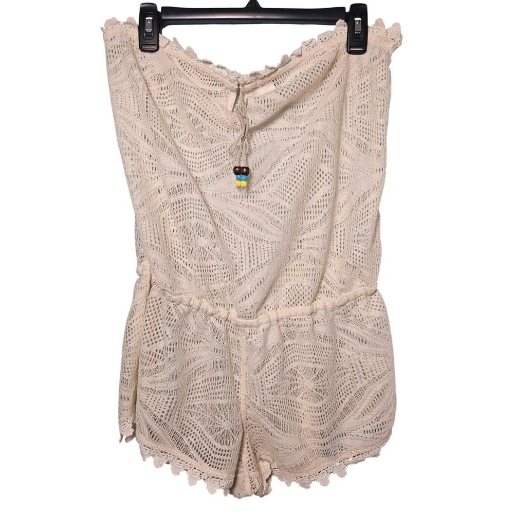 Venus Womens Cream Crochet Strapless Romper Beaded Boho Beach Coverup Medium